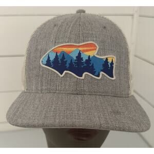 Bass Pro Shop Gray Embroidered Fish Mountain Scene Snapback Trucker Hat One Size